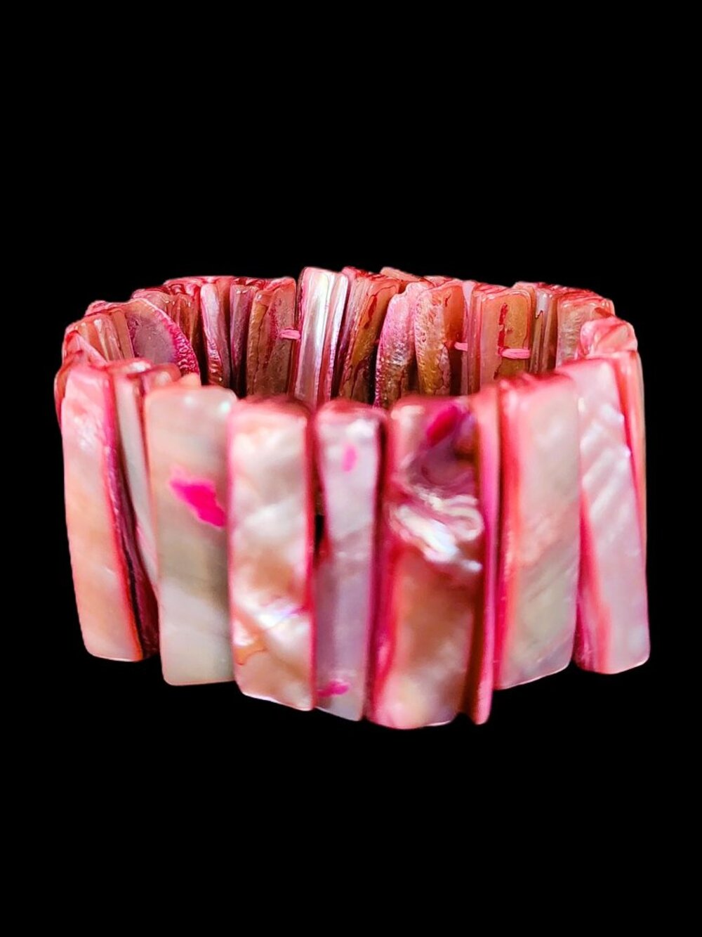 Vintage 1980s Wide Pink Dyed Mother of Pearl Paneled Stretch Bracelet